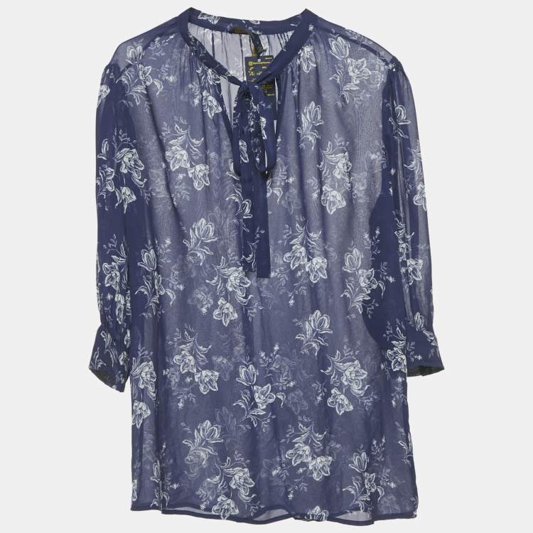 مملوكة مسبقًا Polo Ralph Lauren Blue Floral Print Chiffon Blouse M