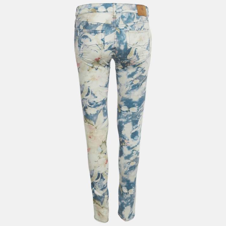 Pre Owned Polo Ralph Lauren Blue Floral Print Denim Tompkins Skinny Jeans S/Waist 28"