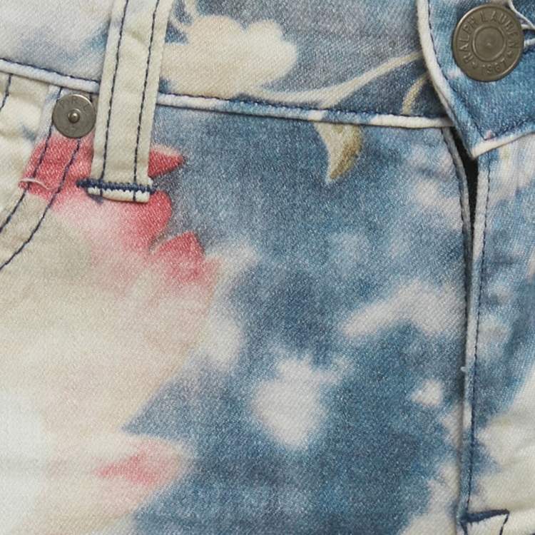 Pre Owned Polo Ralph Lauren Blue Floral Print Denim Tompkins Skinny Jeans S/Waist 28"