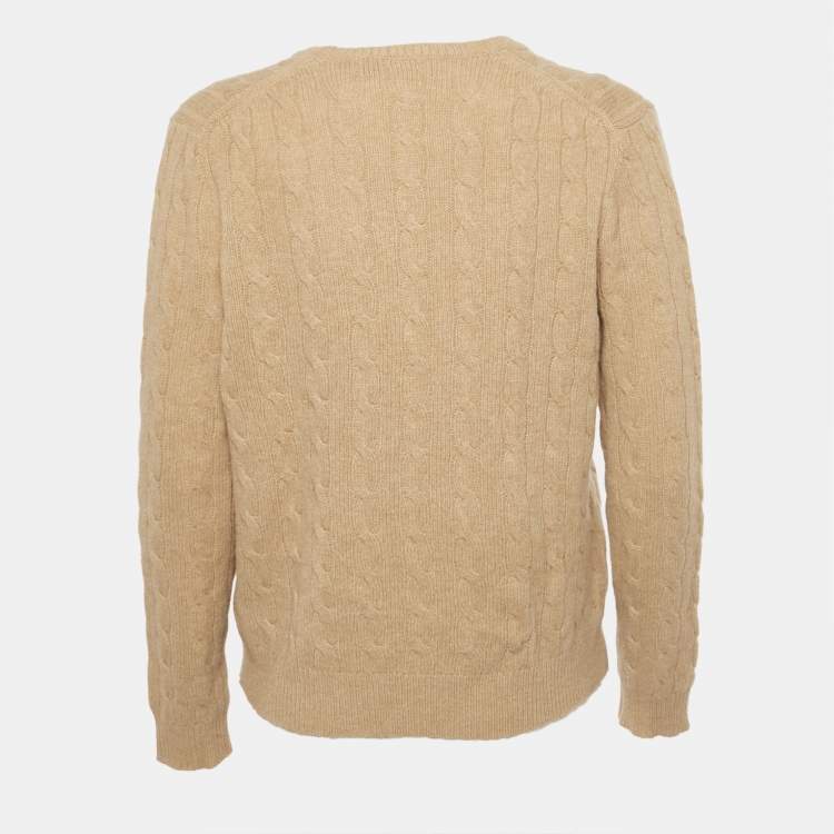 Pre Owned Polo Ralph Lauren Brown Cable Knit V-Neck Sweater L