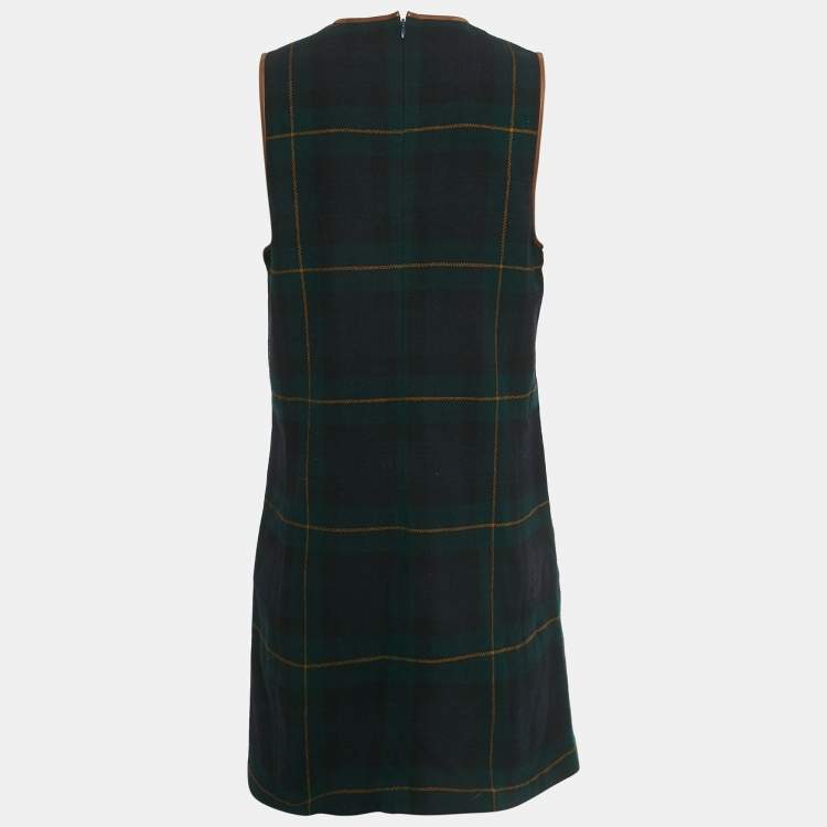 Pre Owned Polo Ralph Lauren Green /Navy Blue Plaid Leather Trim Mini Dress L
