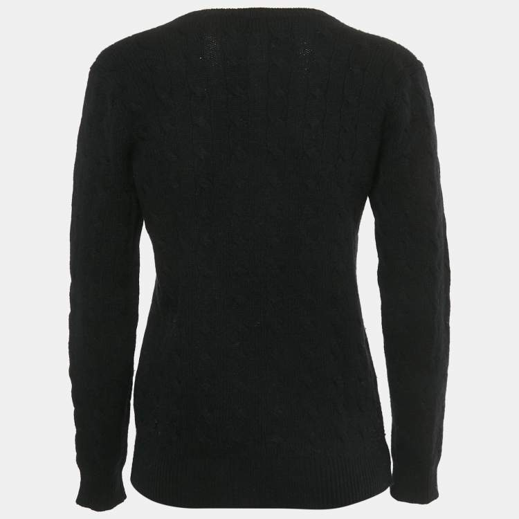 Pre Owned Polo Ralph Lauren Black Cable Knit V-Neck Sweater M