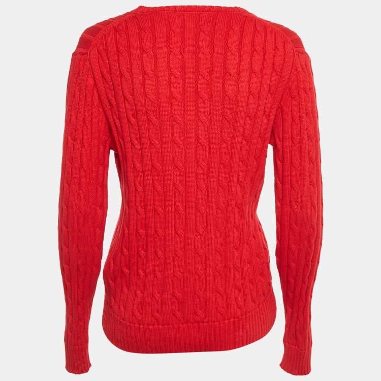 Pre Owned Polo Ralph Lauren Red Cable Knit V-Neck Sweater L