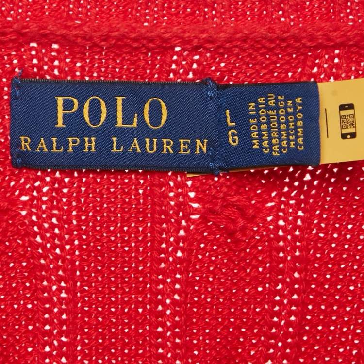 Pre Owned Polo Ralph Lauren Red Cable Knit V-Neck Sweater L