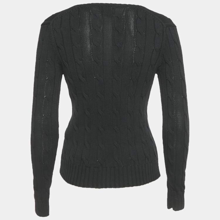 Pre Owned Polo Ralph Lauren Black Cable Knit V-Neck Sweater XS