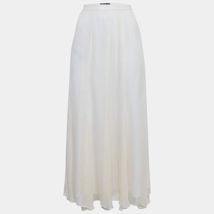 Pre Owned Polo Ralph Lauren Cream Chiffon Flared Maxi Skirt M