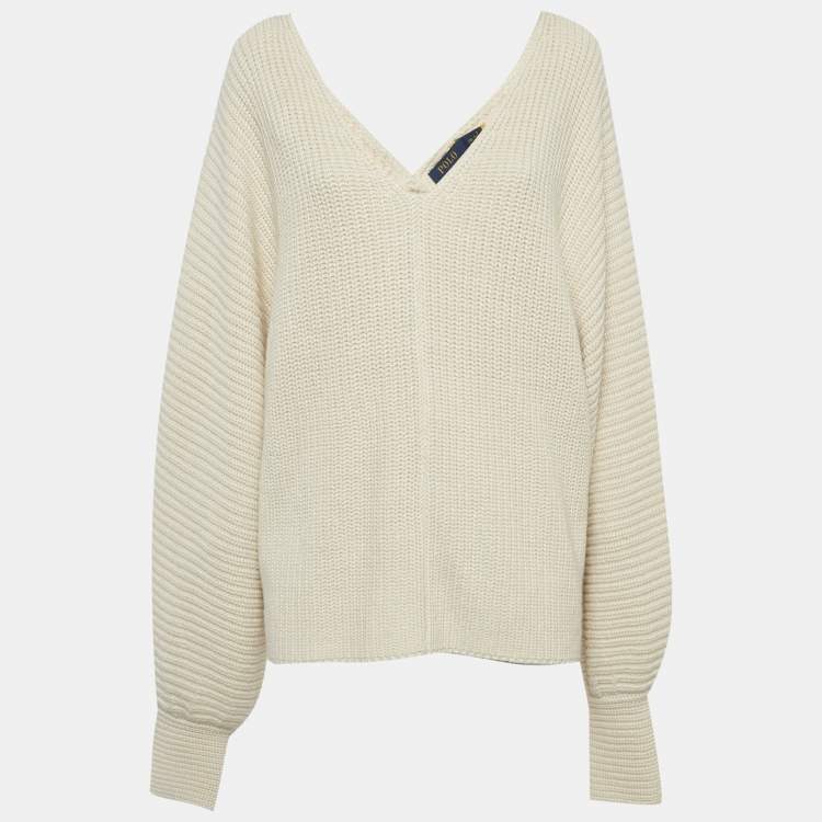 Pre Owned Polo Ralph Lauren Beige Rib Knit V-Neck Sweater XXL