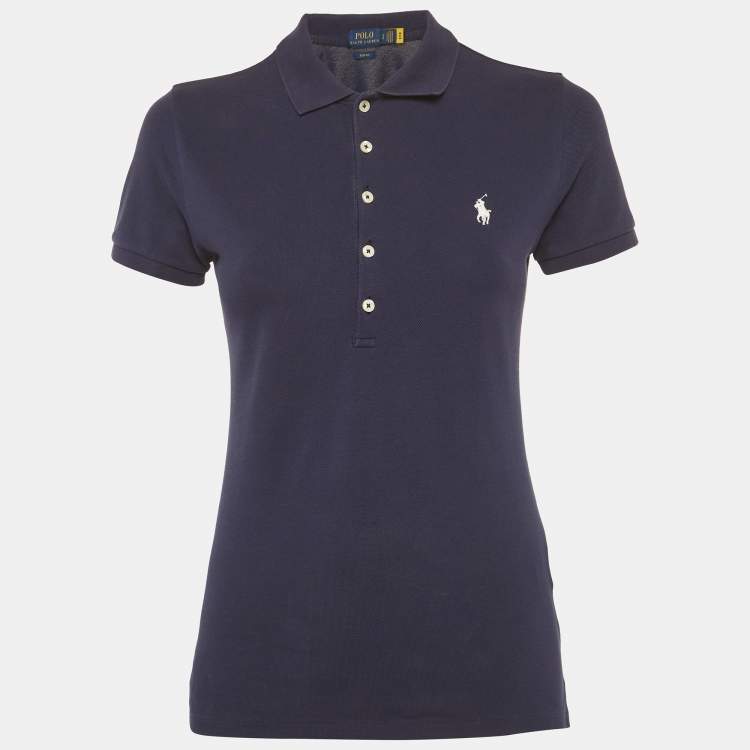 Pre Owned Polo Ralph Lauren Navy Blue Pique Slim-Fit Polo T-Shirt S