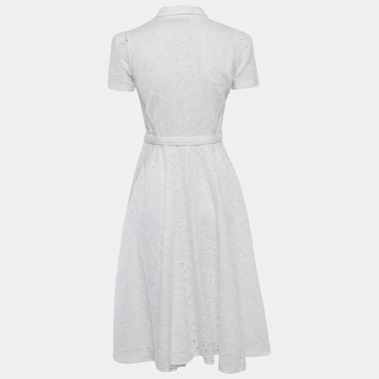 Pre Owned Polo Ralph Lauren White Linen Eyelet Belted Midi Dress XS 