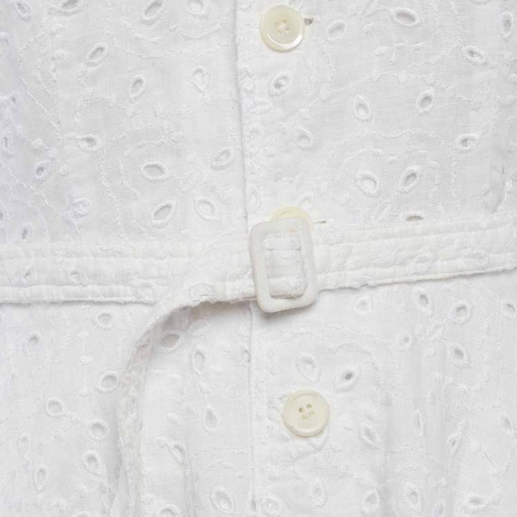 Pre Owned Polo Ralph Lauren White Linen Eyelet Belted Midi Dress XS 