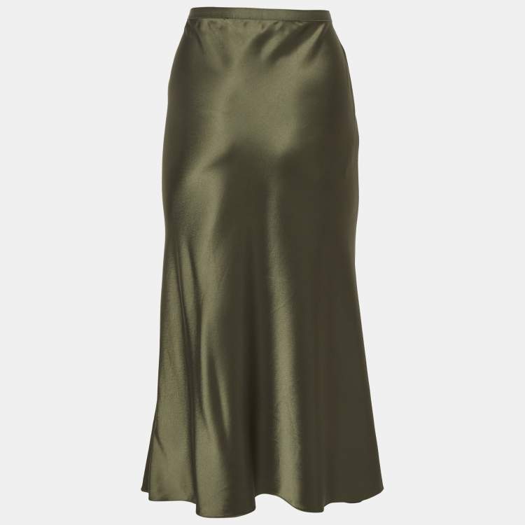 Pre Owned Polo Ralph Lauren Green Satin Midi Skirt S