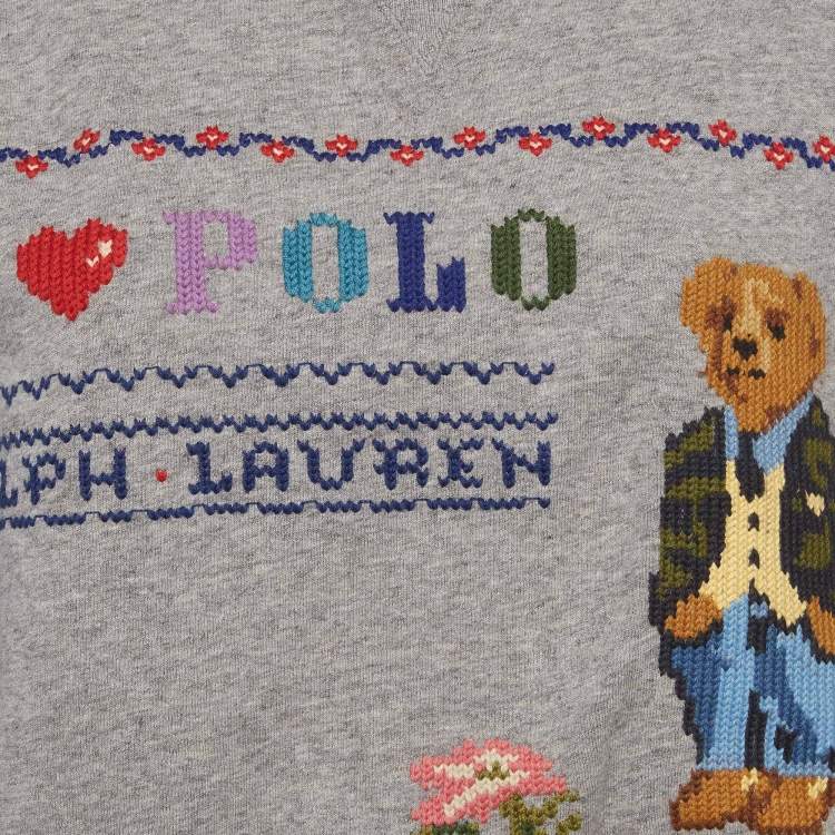 Pre Owned Polo Ralph Lauren Grey Embroidered Cotton Crewneck Sweatshirt M