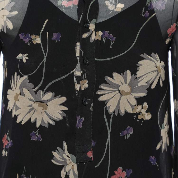 Pre Owned Polo Ralph Lauren Black Floral Printed Chiffon Tunic M