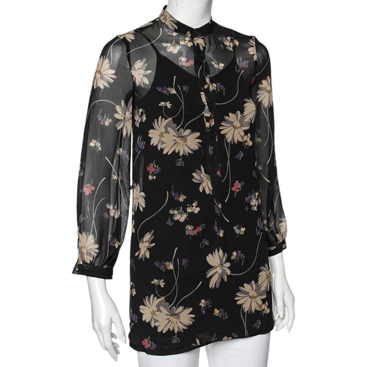 Pre Owned Polo Ralph Lauren Black Floral Printed Chiffon Tunic M