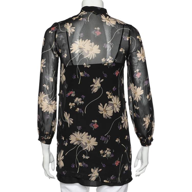 Pre Owned Polo Ralph Lauren Black Floral Printed Chiffon Tunic M