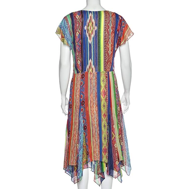 Pre Owned Polo Ralph Lauren Multicolored Printed Silk Asymmetric Hem Detail Dress M