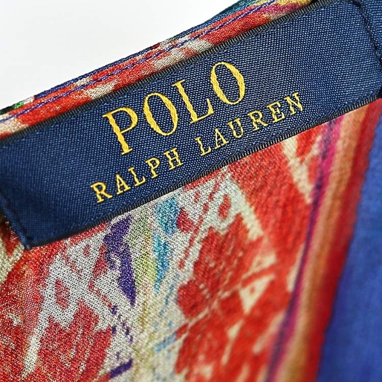 Pre Owned Polo Ralph Lauren Multicolored Printed Silk Asymmetric Hem Detail Dress M