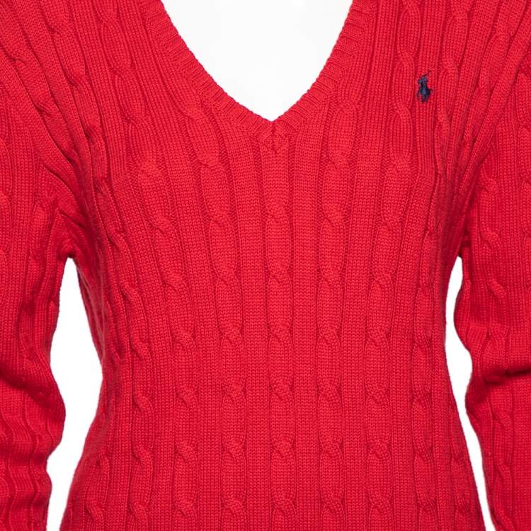 Pre Owned Polo Ralph Lauren Dark Red Cotton V-neck Kimberly Sweater XL