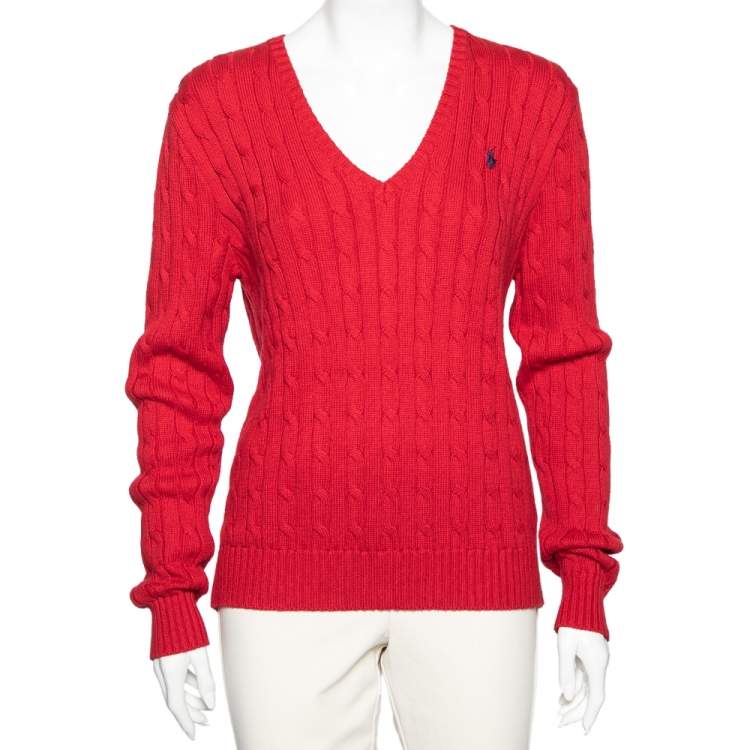 LAUREN RALPH LAUREN Sweater Womens Medium Red Cable Knit Gold Clasp Cotton  VNeck