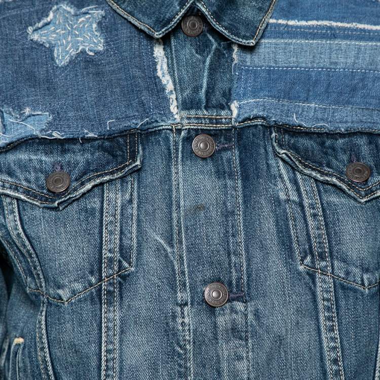 Pre Owned Polo Ralph Lauren Blue Denim Flag Patchwork Denim Trucker Jacket S