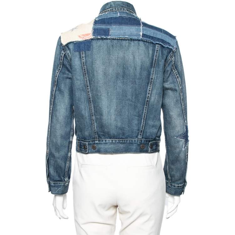 Pre Owned Polo Ralph Lauren Blue Denim Flag Patchwork Denim Trucker Jacket S