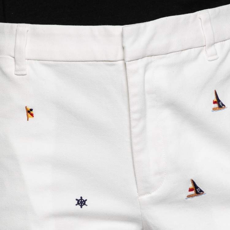 Pre Owned Polo Ralph Lauren White Sail Embroidered Cotton Slim Fit Pants M
