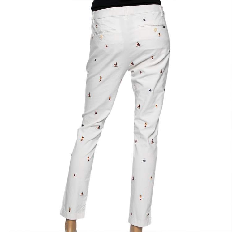 Pre Owned Polo Ralph Lauren White Sail Embroidered Cotton Slim Fit Pants M