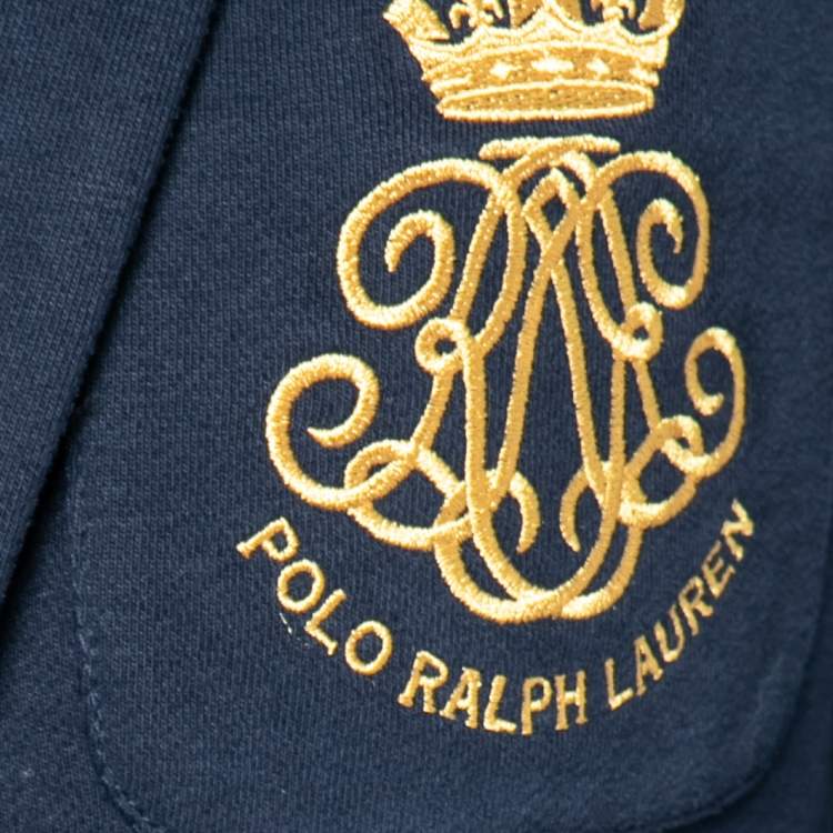 Pre Owned Polo Ralph Lauren Navy Blue Cotton Crest Embroidered Blazer M