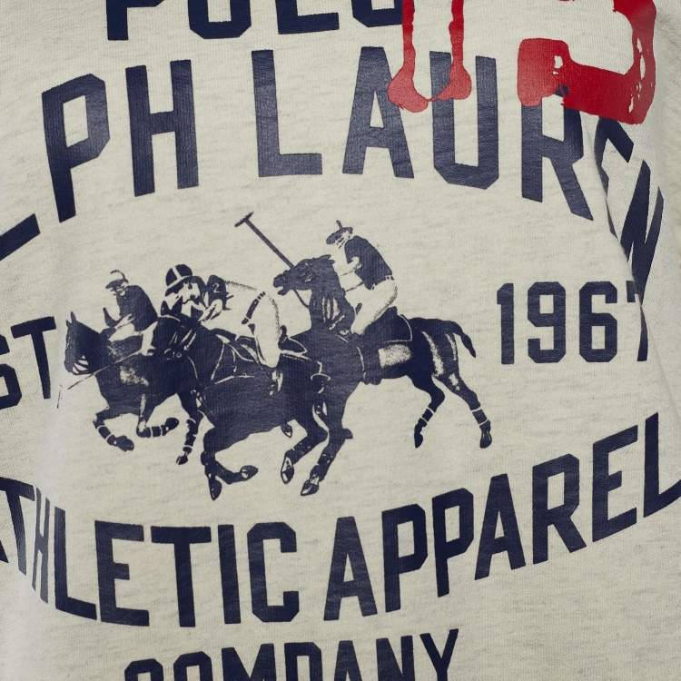 Pre Owned Polo By Ralph Lauren Cream Logo Print  Crew Neck Sweatshirt XL
