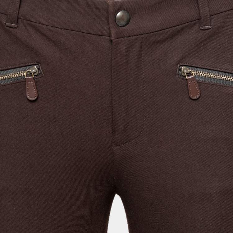 Pre Owned Ralph Lauren Brown Cotton Suede Patch Detail Polo Pants S