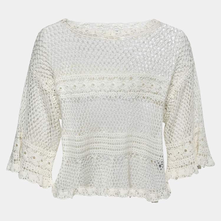 Pre Owned Polo Ralph Lauren White Floral Crochet Knit Top XS