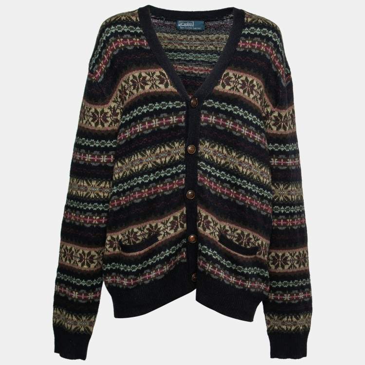 Pre Owned Polo Ralph Lauren Multicolor Intarsia Knit Suede Patch Detail Cardigan XL