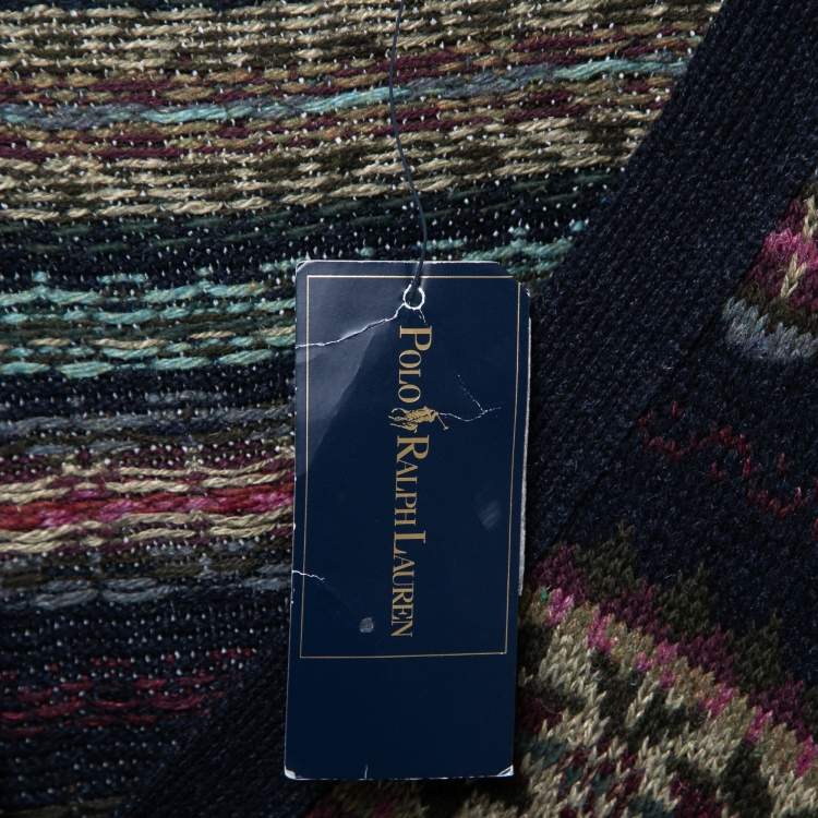 Pre Owned Polo Ralph Lauren Multicolor Intarsia Knit Suede Patch Detail Cardigan XL