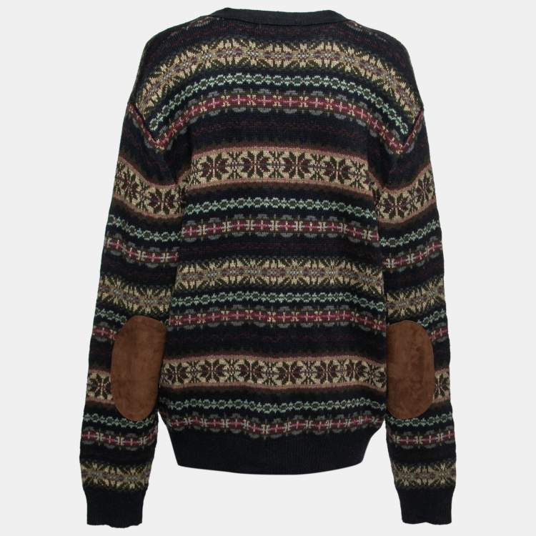 Pre Owned Polo Ralph Lauren Multicolor Intarsia Knit Suede Patch Detail Cardigan XL