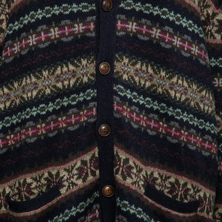 Pre Owned Polo Ralph Lauren Multicolor Intarsia Knit Suede Patch Detail Cardigan XL