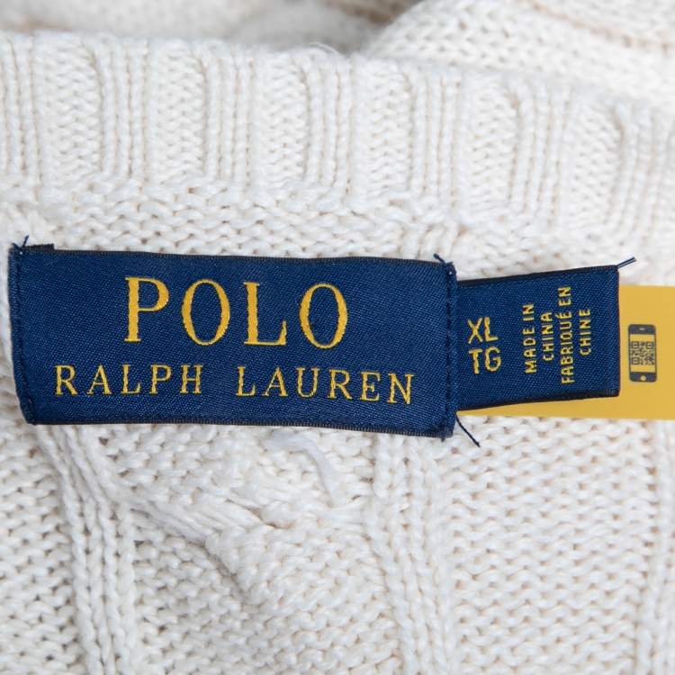 Pre Owned Polo Ralph Lauren Cream Cotton Cable Knit Round Neck Sweater XL