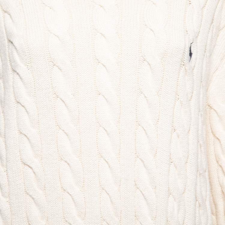 Pre Owned Polo Ralph Lauren Cream Cotton Cable Knit Round Neck Sweater XL
