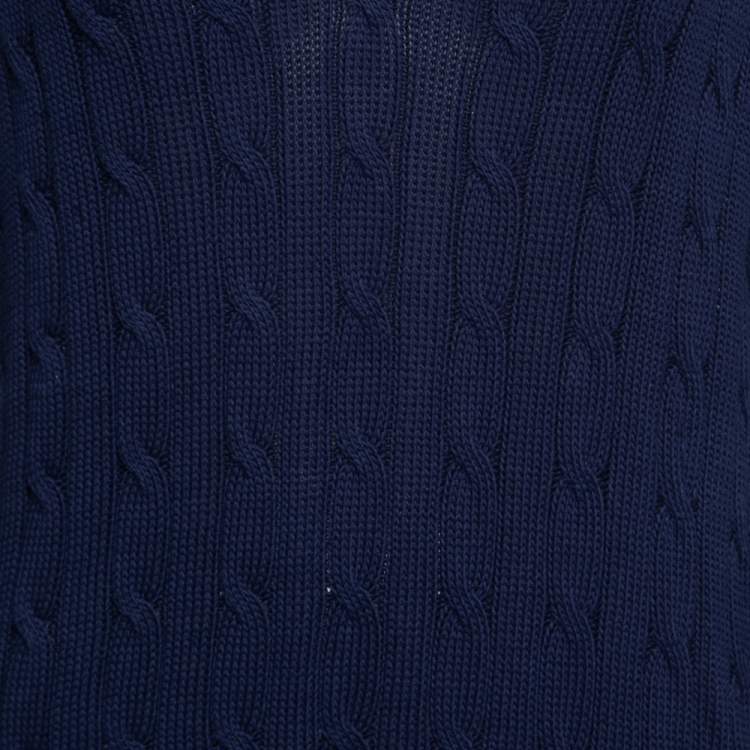 Pre Owned Polo Ralph Lauren Navy Pima Cotton Cable Knit V-Neck Jumper L