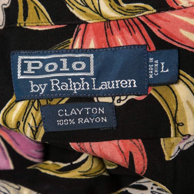 Pre Owned Polo Ralph Lauren Black Floral Printed Rayon Short Sleeve Shirt L
