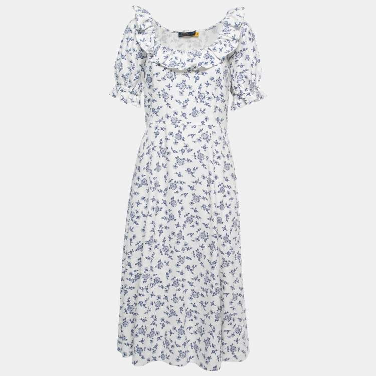 Polo Ralph Lauren White Floral Printed Linen Ruffled Midi Dress M Polo