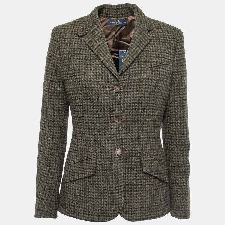 Pre Owned Polo Ralph Lauren Green Houndstooth Wool Button Front Blazer M
