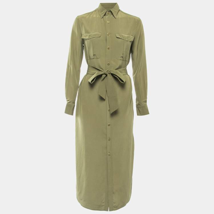 Pre Owned Polo Ralph Lauren Green Silk Button Front Belted Midi Dress S