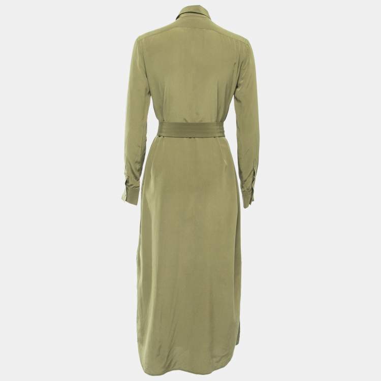 Pre Owned Polo Ralph Lauren Green Silk Button Front Belted Midi Dress S