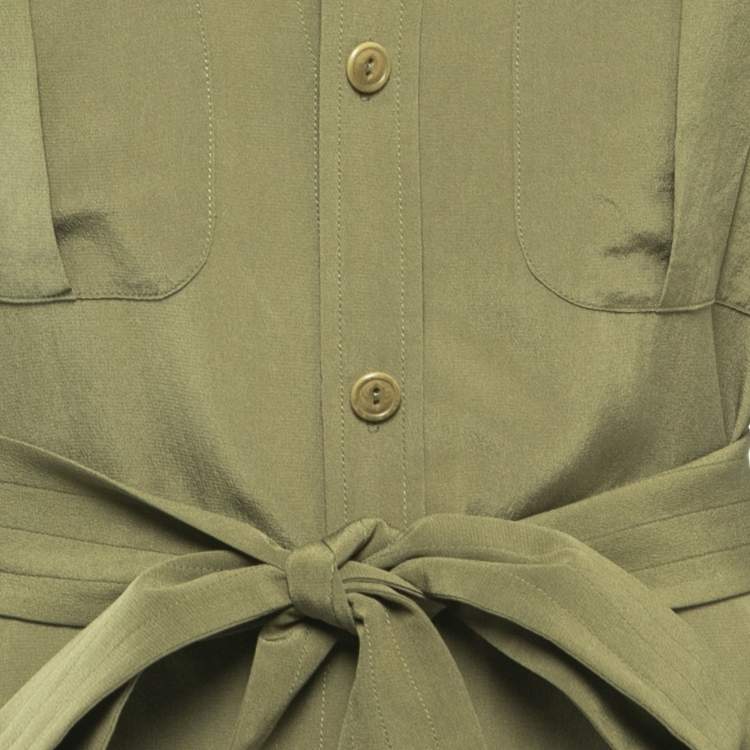 Pre Owned Polo Ralph Lauren Green Silk Button Front Belted Midi Dress S