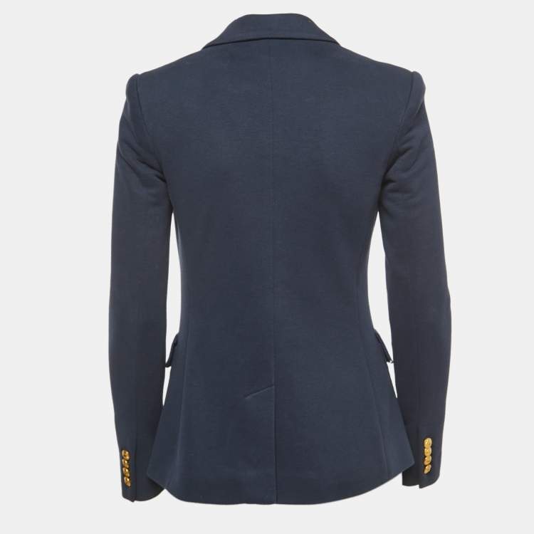 Pre Owned Polo Ralph Lauren Navy Blue Crest Embroidered Cotton Blend Single Breasted Blazer S