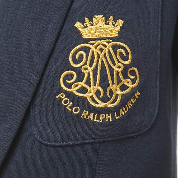Pre Owned Polo Ralph Lauren Navy Blue Crest Embroidered Cotton Blend Single Breasted Blazer S