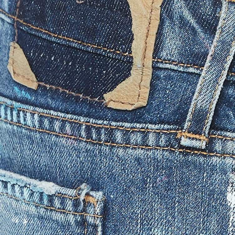 Pre Owned Polo Ralph Lauren Blue Paint Print Distressed Denim Astor Slim Boyfriend Jeans L Waist 32"