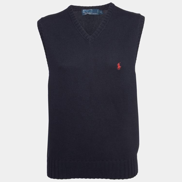 Pre Owned Polo Ralph Lauren Navy Blue Logo Embroidered Cotton Knit Sleeveless Sweater M