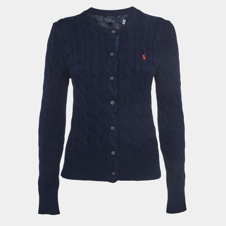 Pre Owned Polo Ralph Lauren Navy Blue Cable-Knit Cotton Crewneck Cardigan 