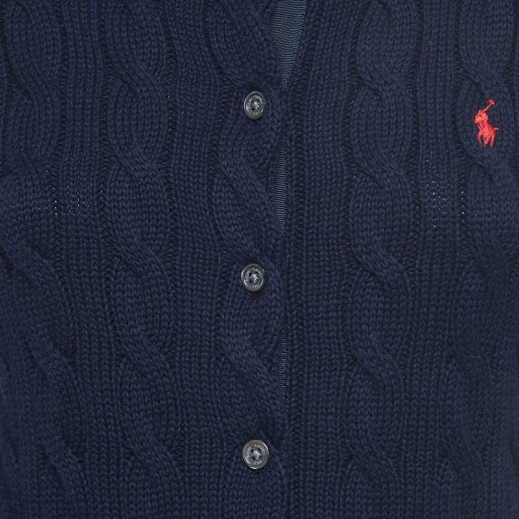 Pre Owned Polo Ralph Lauren Navy Blue Cable-Knit Cotton Crewneck Cardigan 